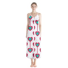 Red Hearts On A White Background Button Up Chiffon Maxi Dress