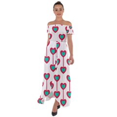 Red Hearts On A White Background Off Shoulder Open Front Chiffon Dress