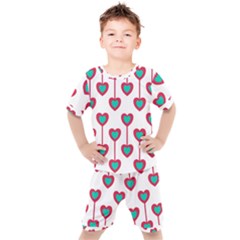 Red Hearts On A White Background Kids  Tee and Shorts Set
