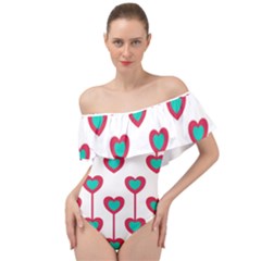 Red Hearts On A White Background Off Shoulder Velour Bodysuit 