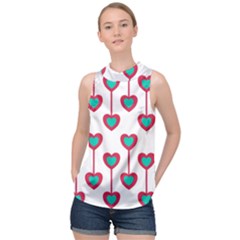 Red Hearts On A White Background High Neck Satin Top by SychEva