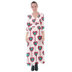 Red Hearts On A White Background Button Up Maxi Dress