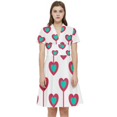 Red Hearts On A White Background Short Sleeve Waist Detail Dress