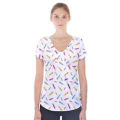 Multicolored Pencils And Erasers Short Sleeve Front Detail Top by SychEva