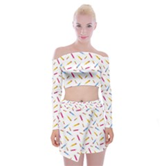 Multicolored Pencils And Erasers Off Shoulder Top With Mini Skirt Set by SychEva