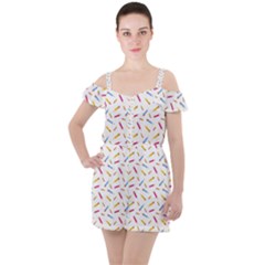 Multicolored Pencils And Erasers Ruffle Cut Out Chiffon Playsuit by SychEva