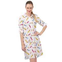 Multicolored Pencils And Erasers Long Sleeve Mini Shirt Dress by SychEva