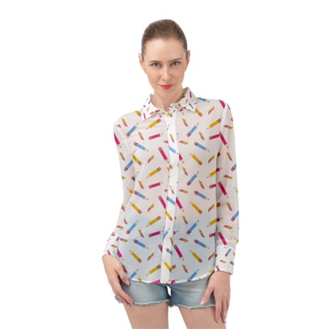 Multicolored Pencils And Erasers Long Sleeve Chiffon Shirt by SychEva