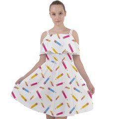 Multicolored Pencils And Erasers Cut Out Shoulders Chiffon Dress by SychEva