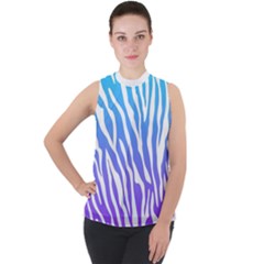 White Tiger Purple & Blue Animal Fur Print Stripes Mock Neck Chiffon Sleeveless Top