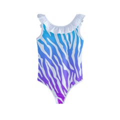 White Tiger Purple & Blue Animal Fur Print Stripes Kids  Frill Swimsuit