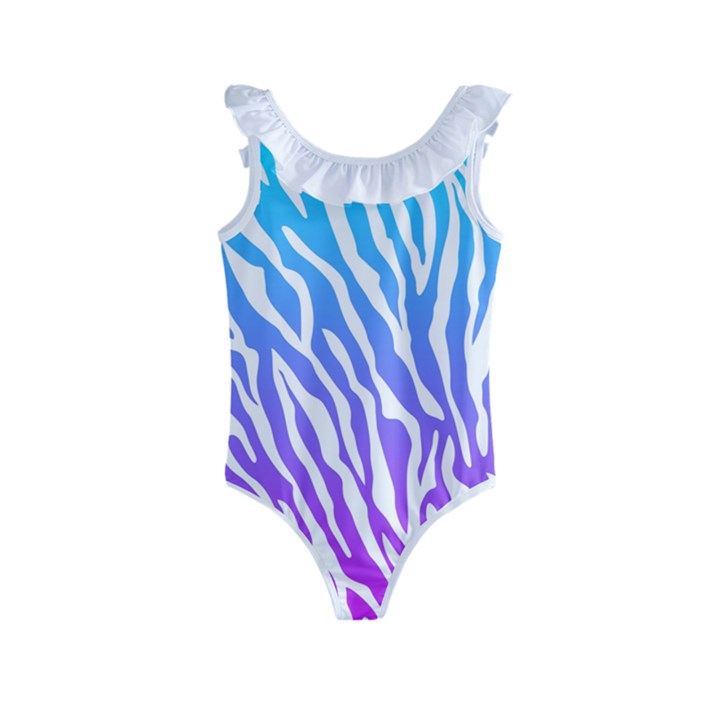 White tiger purple & blue animal fur print stripes Kids  Frill Swimsuit