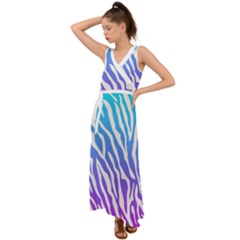 White Tiger Purple & Blue Animal Fur Print Stripes V-neck Chiffon Maxi Dress