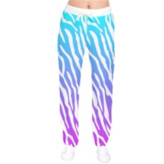 White Tiger Purple & Blue Animal Fur Print Stripes Women Velvet Drawstring Pants by Casemiro