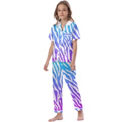 White Tiger Purple & Blue Animal Fur Print Stripes Kids  Satin Short Sleeve Pajamas Set