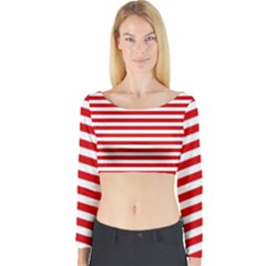 Red And White Stripes Pattern, Geometric Theme Long Sleeve Crop Top
