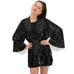 Turquoise Abstract Flowers With Splashes On A Dark Background  Abstract Print Long Sleeve Kimono by SychEva