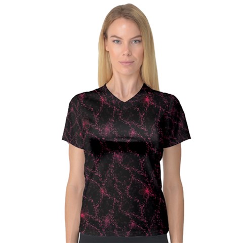 Pink Abstract Flowers With Splashes On A Dark Background  Abstract Print V-neck Sport Mesh Tee by SychEva