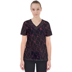Pink Abstract Flowers With Splashes On A Dark Background  Abstract Print Women s V-neck Scrub Top