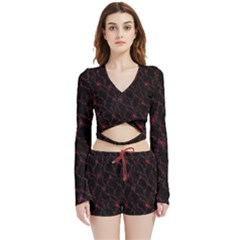Pink Abstract Flowers With Splashes On A Dark Background  Abstract Print Velvet Wrap Crop Top And Shorts Set by SychEva
