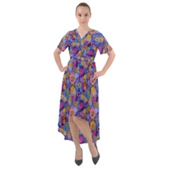 Multicolored Circles And Spots Front Wrap High Low Dress by SychEva
