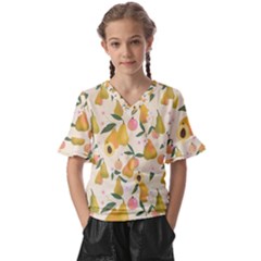 Yellow Juicy Pears And Apricots Kids  V-neck Horn Sleeve Blouse by SychEva