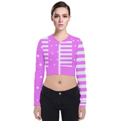 Saturated Pink Lines And Stars Pattern, Geometric Theme Long Sleeve Zip Up Bomber Jacket by Casemiro