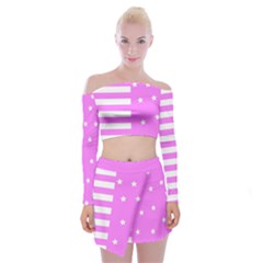 Saturated Pink Lines And Stars Pattern, Geometric Theme Off Shoulder Top With Mini Skirt Set by Casemiro