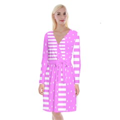 Saturated Pink Lines And Stars Pattern, Geometric Theme Long Sleeve Velvet Front Wrap Dress by Casemiro