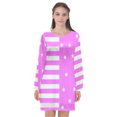 Saturated Pink Lines And Stars Pattern, Geometric Theme Long Sleeve Chiffon Shift Dress  by Casemiro