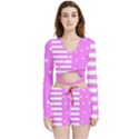 Saturated Pink lines and stars pattern, geometric theme Velvet Wrap Crop Top and Shorts Set View1