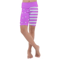 Saturated Pink Lines And Stars Pattern, Geometric Theme Kids  Lightweight Velour Cropped Yoga Leggings by Casemiro