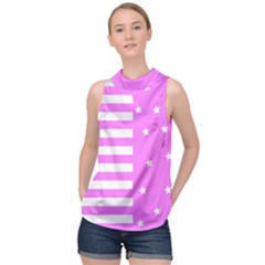 Saturated Pink Lines And Stars Pattern, Geometric Theme High Neck Satin Top by Casemiro