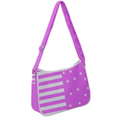 Saturated Pink Lines And Stars Pattern, Geometric Theme Zip Up Shoulder Bag by Casemiro