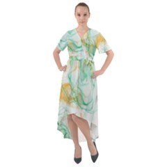 Green And Orange Alcohol Ink Front Wrap High Low Dress by Dazzleway