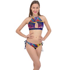 Colorful Rainbow Modern Paint Pattern 13 Cross Front Halter Bikini Set