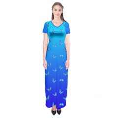 Butterflies At Blue, Two Color Tone Gradient Short Sleeve Maxi Dress by Casemiro