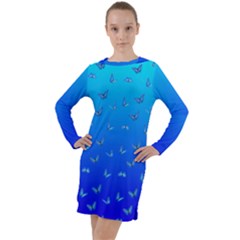 Butterflies At Blue, Two Color Tone Gradient Long Sleeve Hoodie Dress by Casemiro