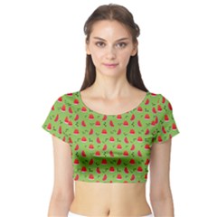 Juicy Slices Of Watermelon On A Green Background Short Sleeve Crop Top by SychEva