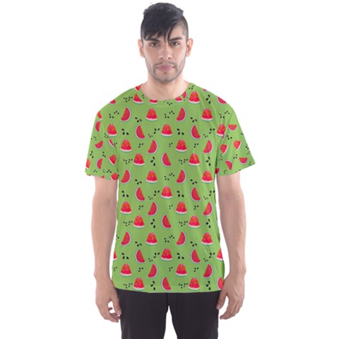 Juicy Slices Of Watermelon On A Green Background Men s Sport Mesh Tee by SychEva