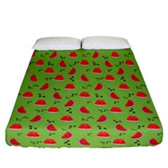 Juicy Slices Of Watermelon On A Green Background Fitted Sheet (california King Size) by SychEva