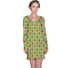 Juicy Slices Of Watermelon On A Green Background Long Sleeve Nightdress by SychEva