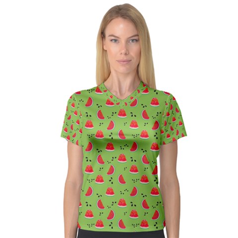 Juicy Slices Of Watermelon On A Green Background V-neck Sport Mesh Tee by SychEva