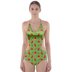 Juicy Slices Of Watermelon On A Green Background Cut-out One Piece Swimsuit by SychEva