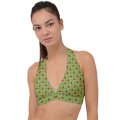 Juicy Slices Of Watermelon On A Green Background Halter Plunge Bikini Top by SychEva