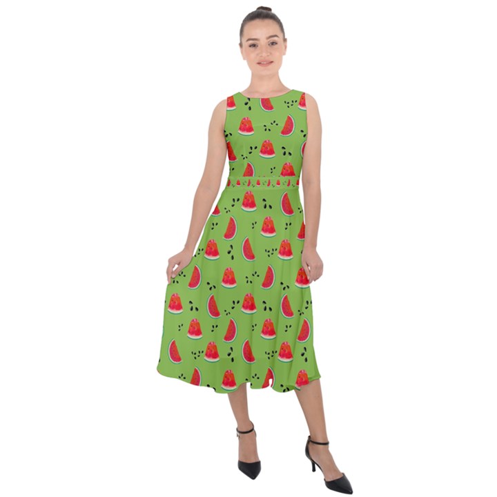 Juicy Slices Of Watermelon On A Green Background Midi Tie-Back Chiffon Dress