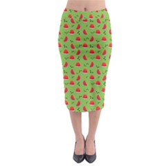 Juicy Slices Of Watermelon On A Green Background Midi Pencil Skirt by SychEva