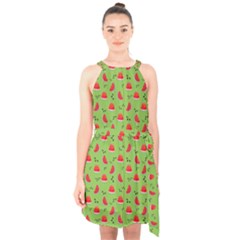 Juicy Slices Of Watermelon On A Green Background Halter Collar Waist Tie Chiffon Dress by SychEva