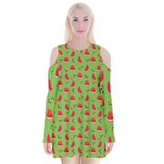 Juicy Slices Of Watermelon On A Green Background Velvet Long Sleeve Shoulder Cutout Dress by SychEva