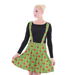 Juicy Slices Of Watermelon On A Green Background Suspender Skater Skirt by SychEva